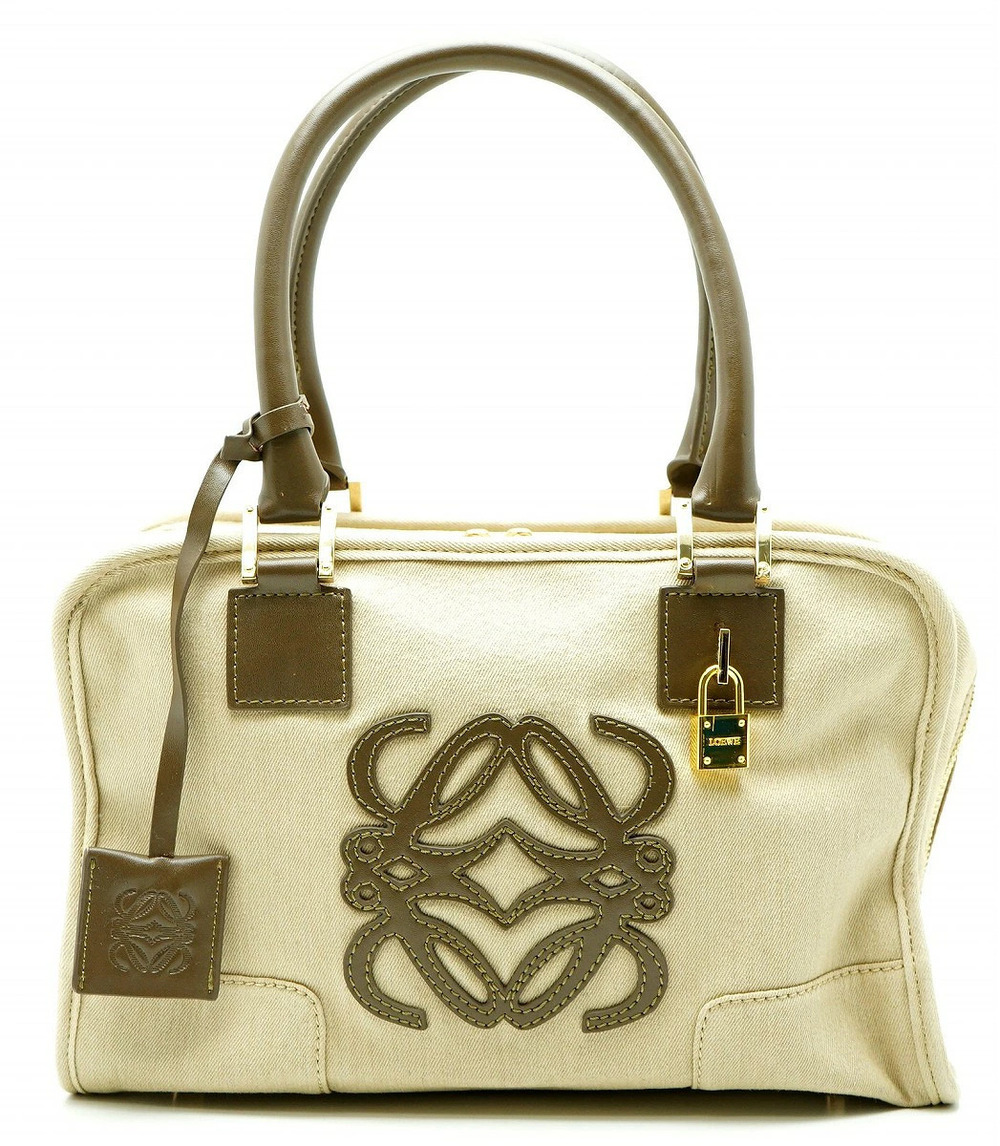 Loewe Amazona Boston Handbag Canvas Leather Beige Cream Khaki Green